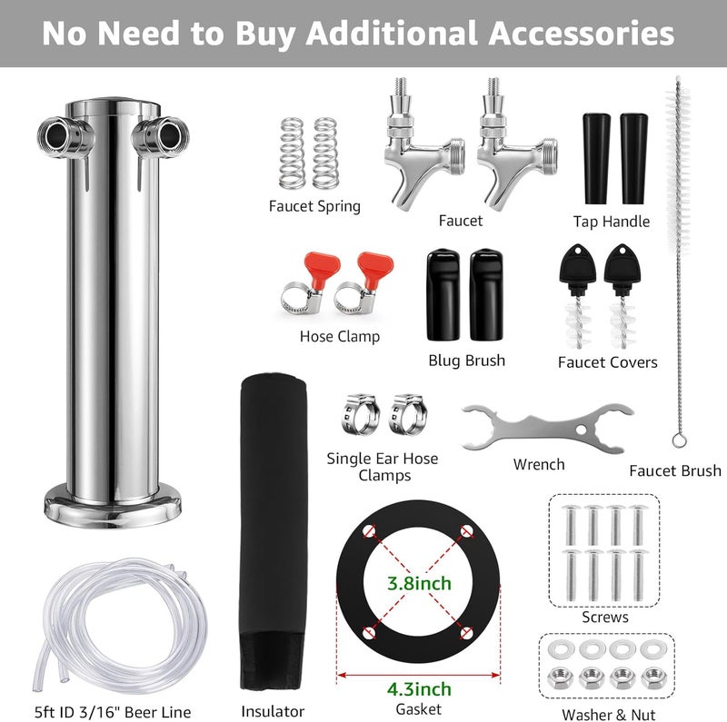 WELLBOM Dual Tap Kegerator Tower Beer Tap Tower 3" Draft Beer Tower Dispenser Keg Tower Beer Faucet Self-Closing Beer Tap Stainless Steel Kegerator Tap Tower Kit with Pre-Assembled Kegerator Line - Image 5